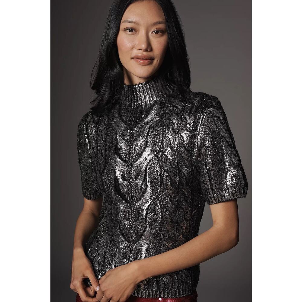 Anthropologie Pilcro Metallic Cable Knit Short Sleeve Sweater M